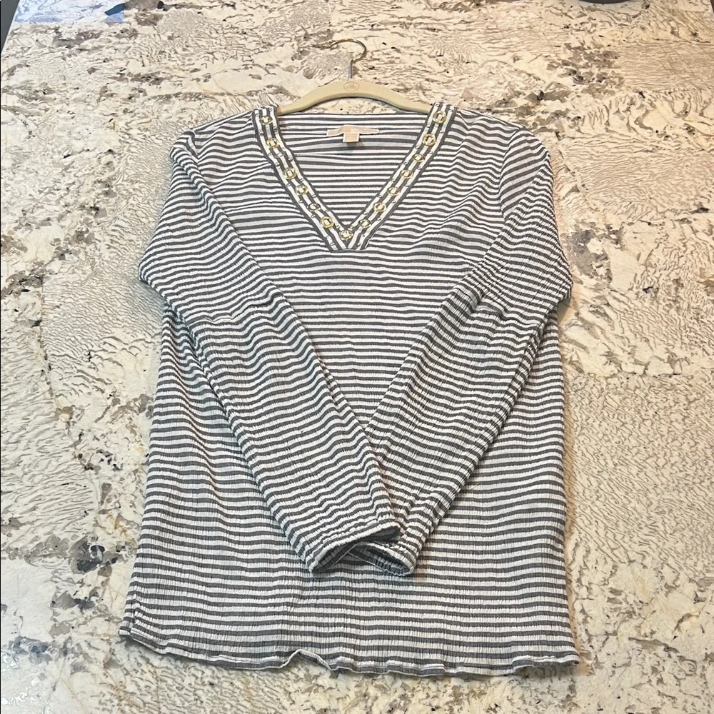 Michael Kors Grey and White Striped Long Sleeve Top Women's size Medium